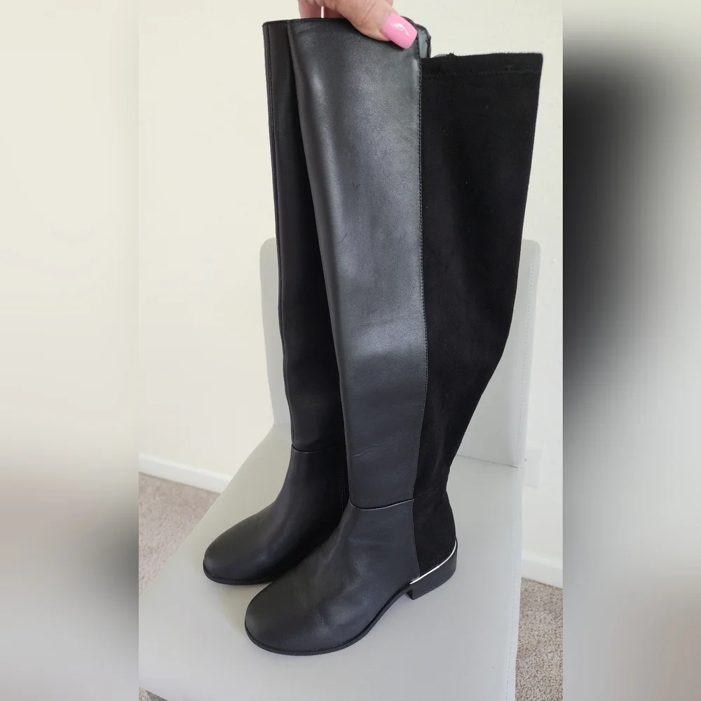 Alfani Step N' Flex Women's Black Leather/Micro Ludlowe Over-The-Knee Boots Sz 5